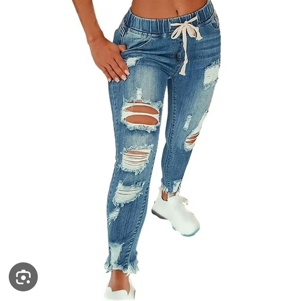 Women’s Distressed Denim Jogger Jeans Drawstring Waist Skinny Fit